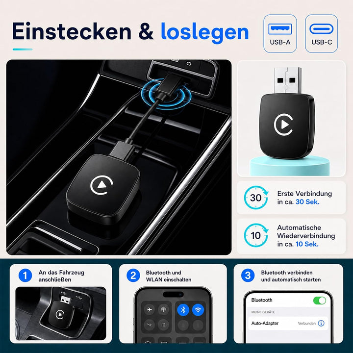 2 in 1 CarPlay &amp; Android Auto Wireless Adapter Kabellos, neuestes Modell 2026, Dualband WiFi 6 Bluet