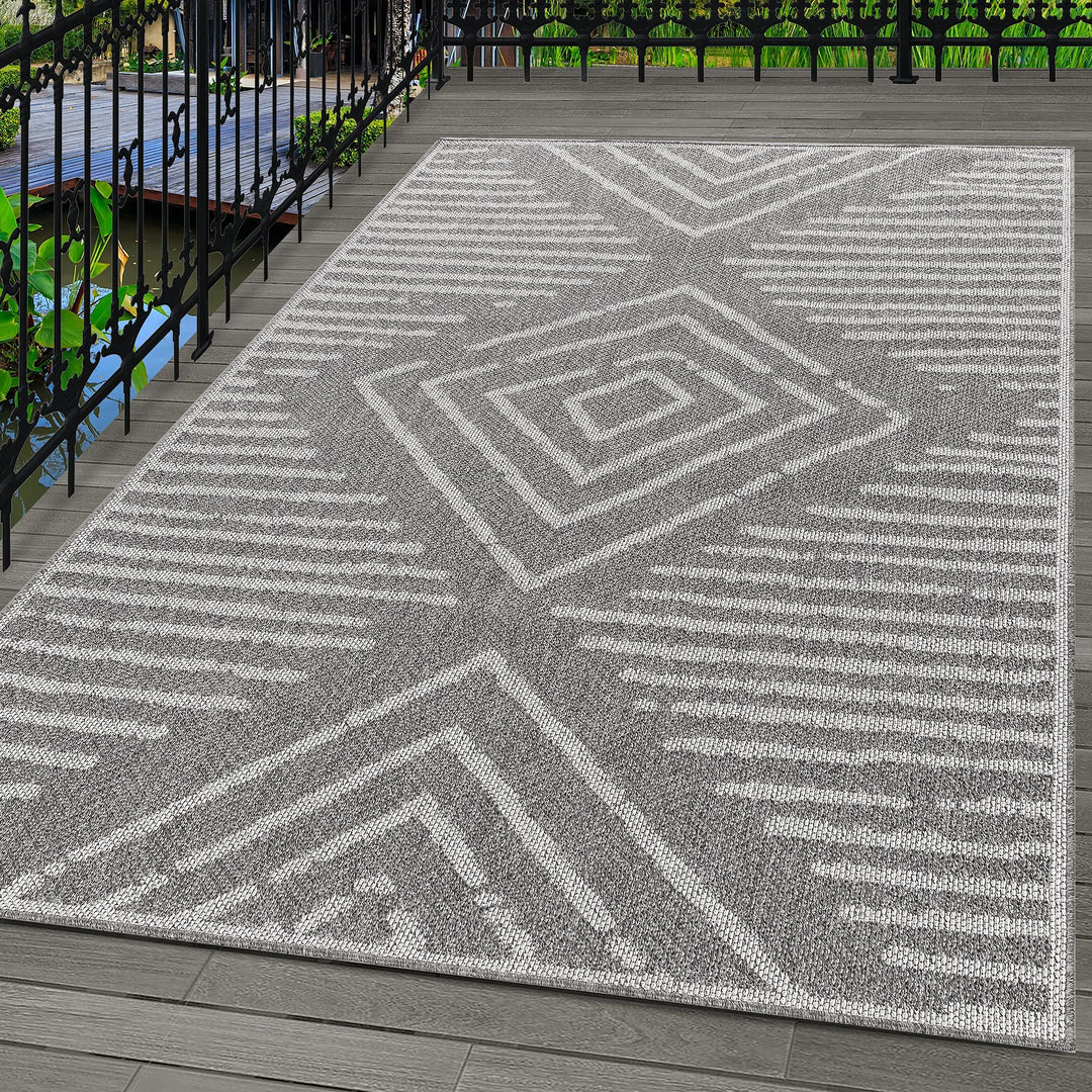 In- & Outdoor Läufer Teppich Robuster, Modern Boho Design, Rechteckig, Grau und Creme Farbe, Wetterf