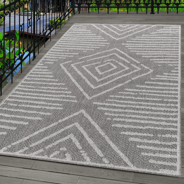 In- & Outdoor Läufer Teppich Robuster, Modern Boho Design, Rechteckig, Grau und Creme Farbe, Wetterf