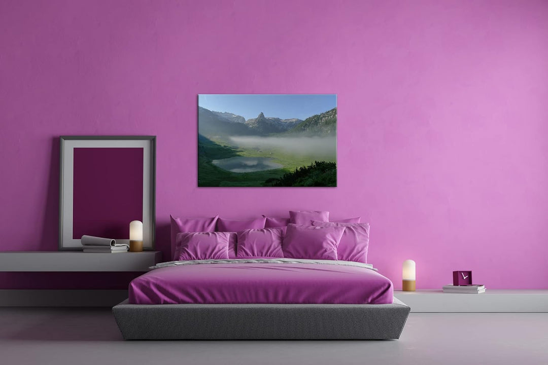 Funtensee im Nebel im Format: 80x60 als Leinwandbild, Motiv fertig gerahmt auf Echtholzrahmen, Hochw