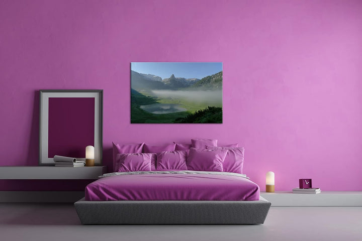 Funtensee im Nebel im Format: 80x60 als Leinwandbild, Motiv fertig gerahmt auf Echtholzrahmen, Hochw