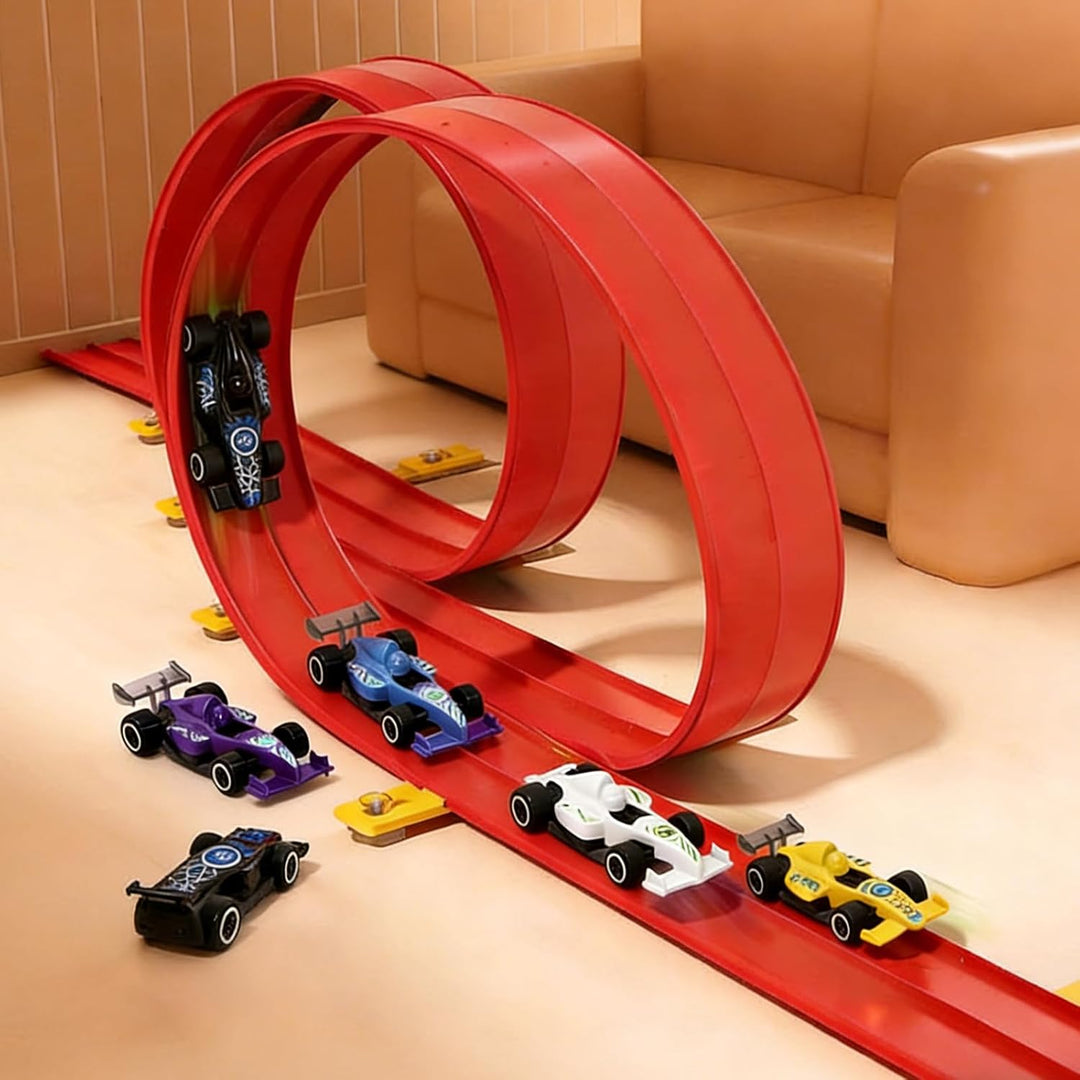 Autorennbahn 5M mit 4 Autos, Flexible Autorennbahn Kinder, Autorennbahns, Flexible Rennbahn Kinder,