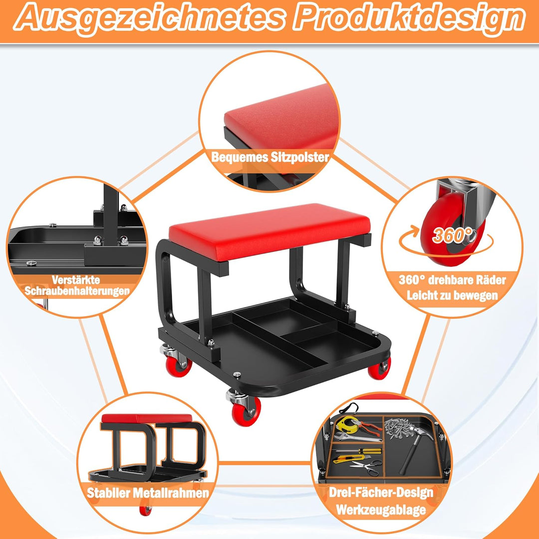 Aufun Werkstatthocker mit Rollen, Werkstatt Rollsitz 150kg belastbar, Arbeitshocker mit Ablage, 4 be