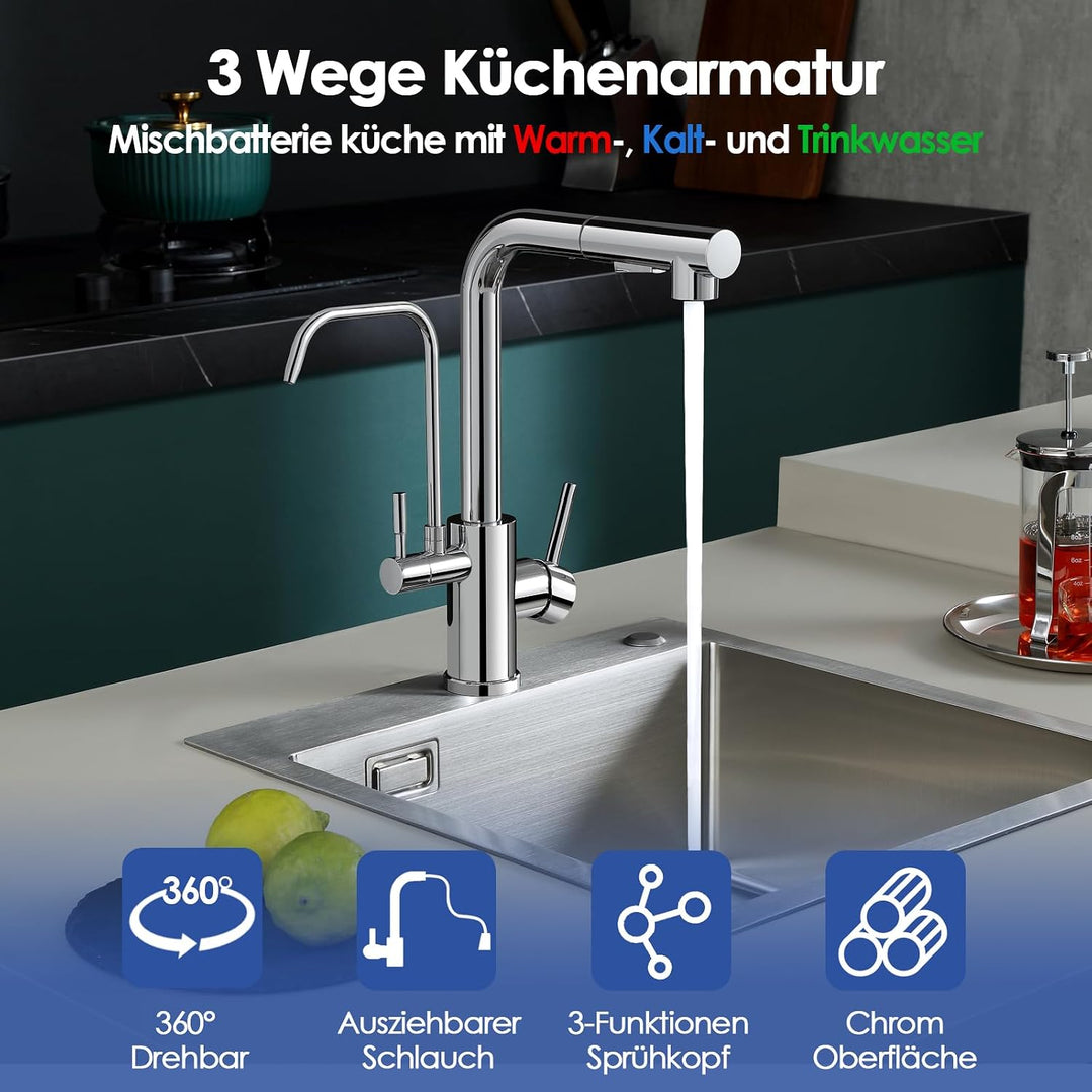 ROVOGO Chrom Wasserhahn Küche 3 Wege mit 2 Strahlarten Brause Ausziehbar, Hochdruck Küchenarmatur mi