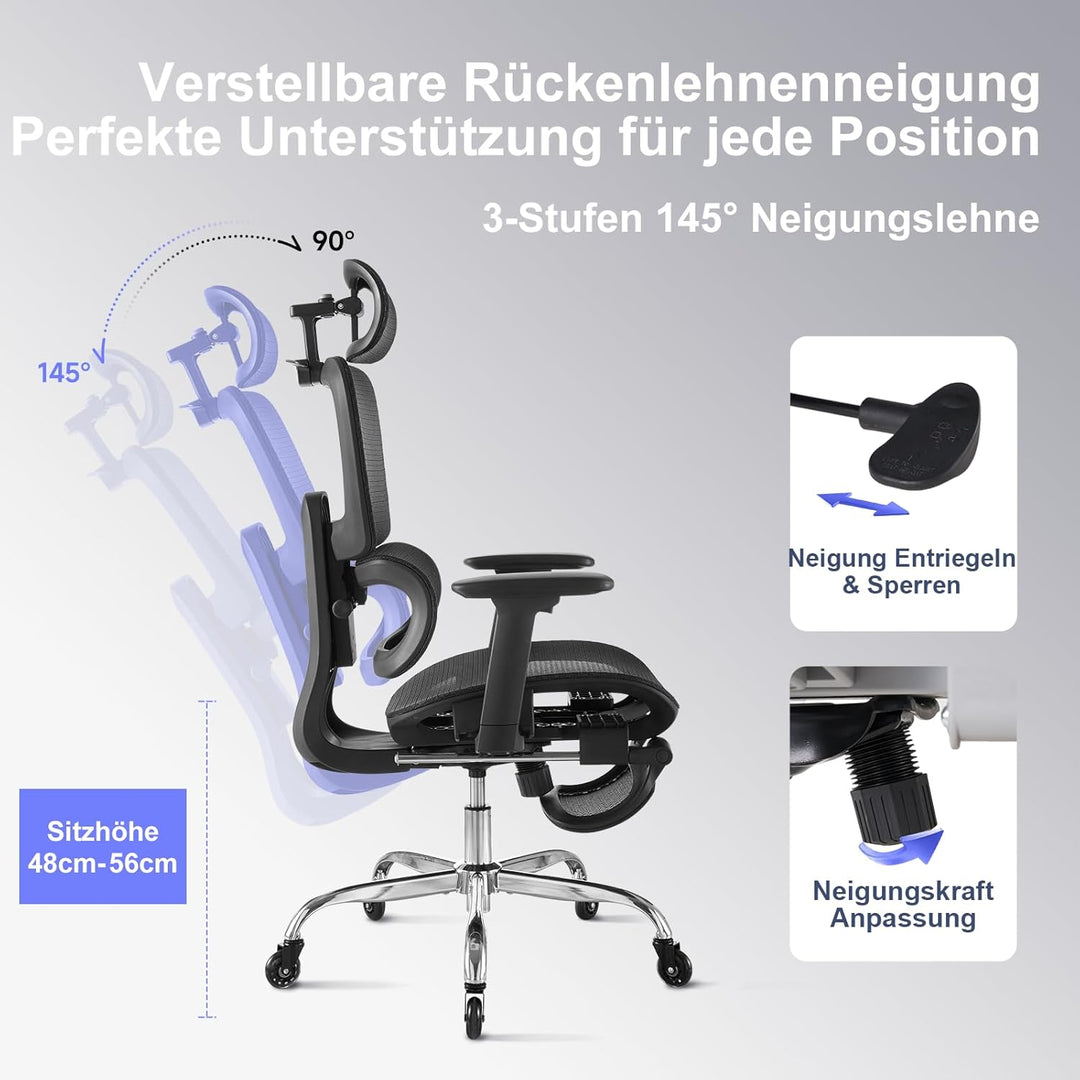 Ergonomischer Bürostuhl mit Fussstütze &amp; Nackenkissen, 5-Fach Höhenverstellbare Rückenlehne, 2D Lord