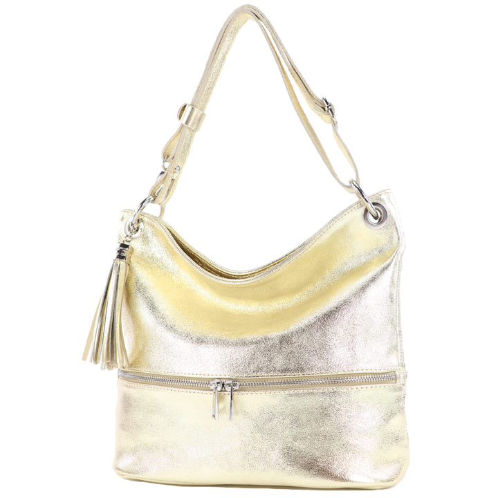 modamoda de - T143 - ital. Leder Schultertasche Umhängetasche Lightgold Metallic, Lightgold Metallic