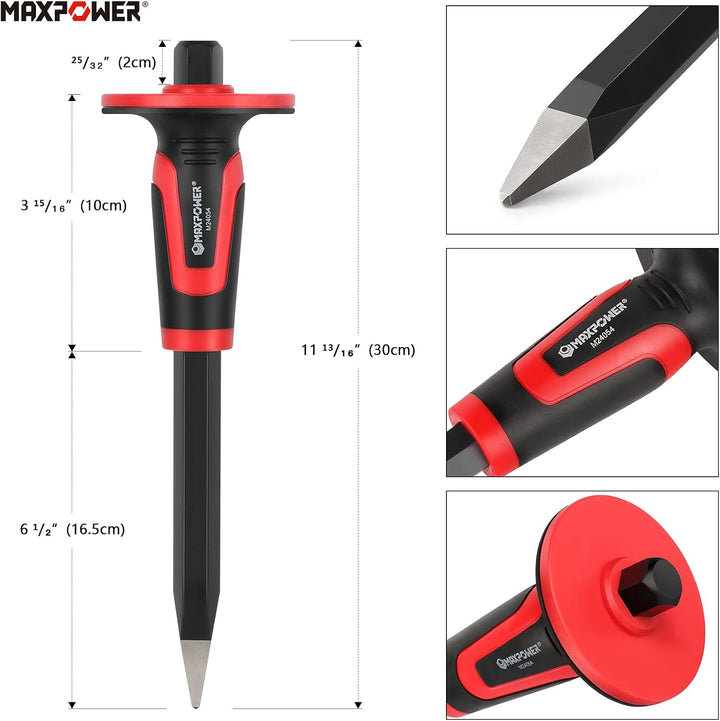 MAXPOWER Handmeissel Set 3 Stück mit Handschutz, Spitzmeissel 30cm, Präzisionsflachmeissel 30 x 3 cm