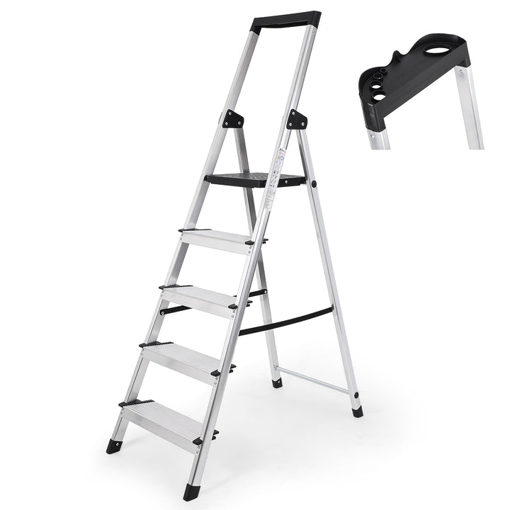 Sekey Klappbare Aluminium Trittleiter 5 Stufen (160 cm), Stabil & rutschfest, mit Werkzeugablage, bi