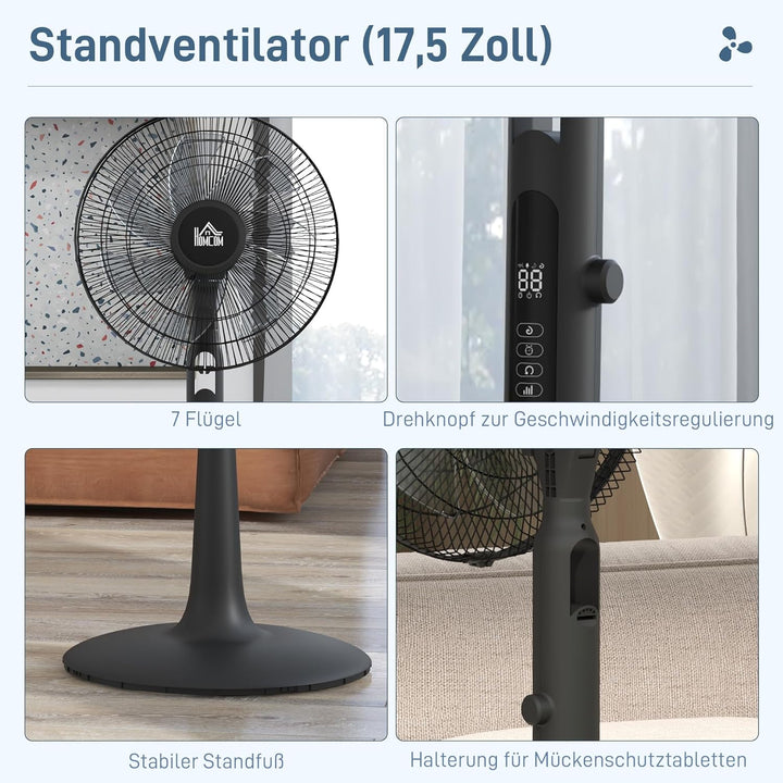 HOMCOM Standventilator leise mit Fernbedienung, LED-Anzeige, Höhenverstellbar Ventilator mit 3 Modi,