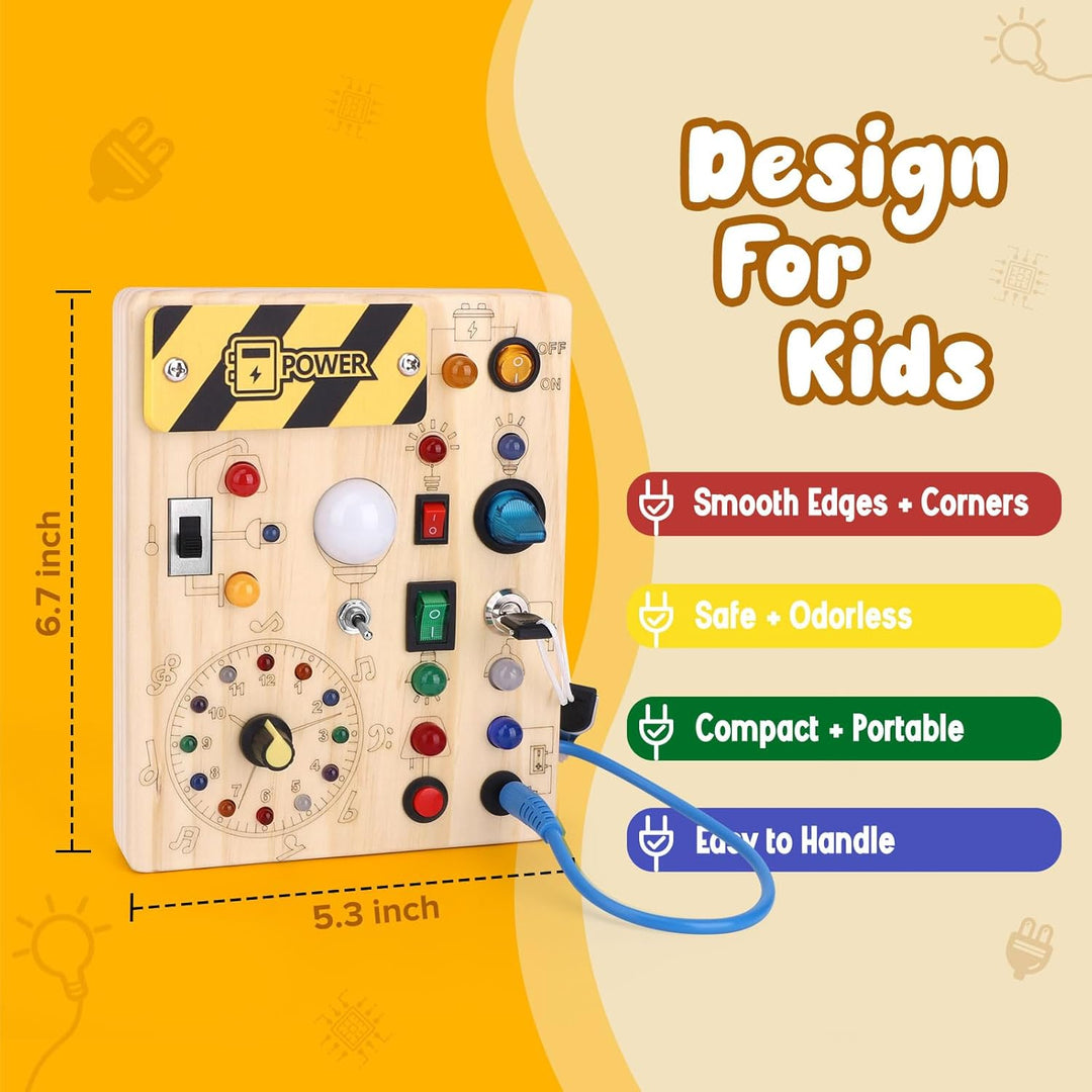 Konijiwa Montessori Busy Board 1 Jahr alt Kinder Activity Board Holzspielzeug mit 8 LED-Lichtschalte