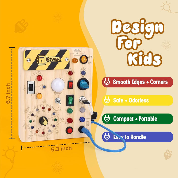 Konijiwa Montessori Busy Board 1 Jahr alt Kinder Activity Board Holzspielzeug mit 8 LED-Lichtschalte