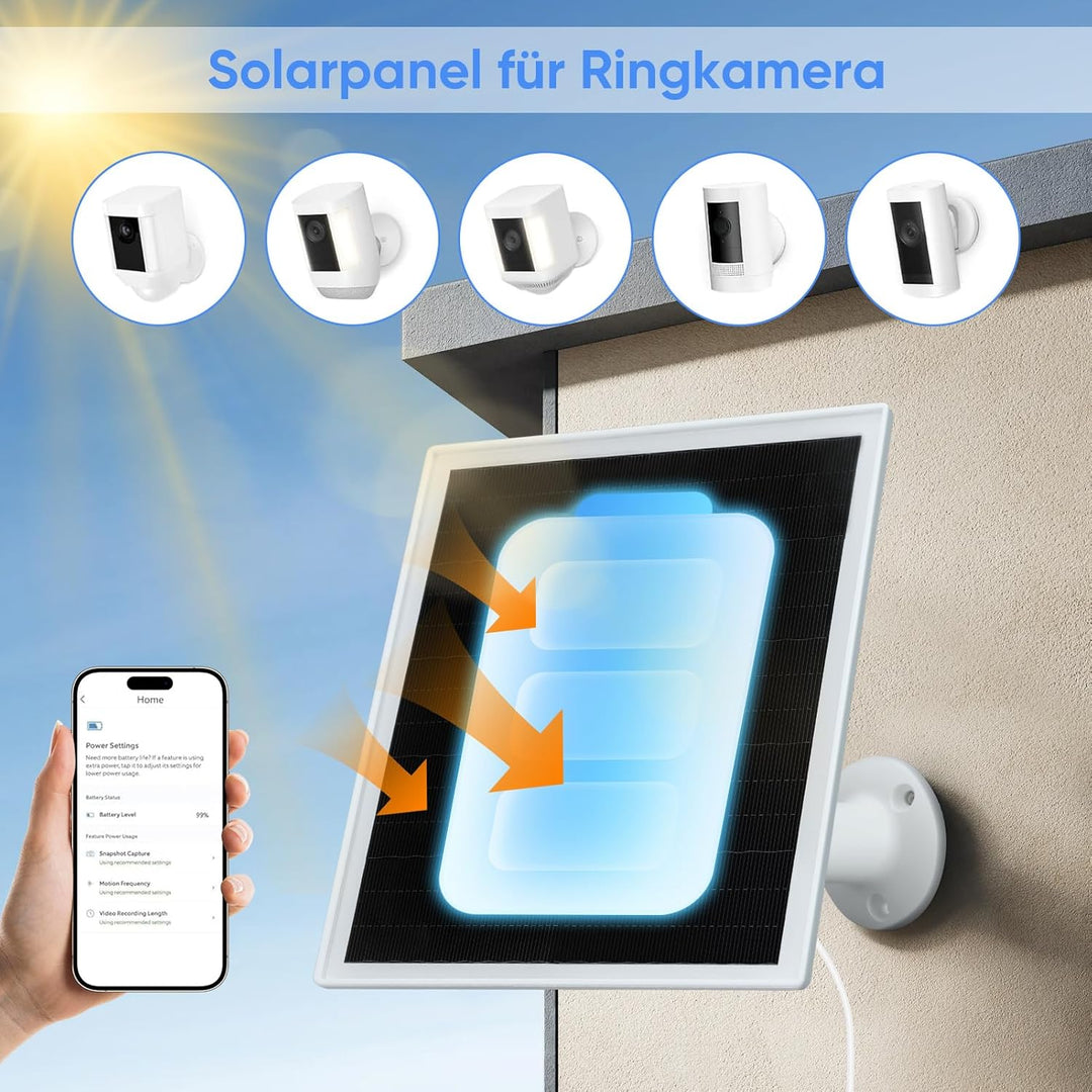 6W Solarpanel für Ring Kamera, Überwachungskamera Solarpanel mit 360° Einstellbares, IP66 Wasserdich