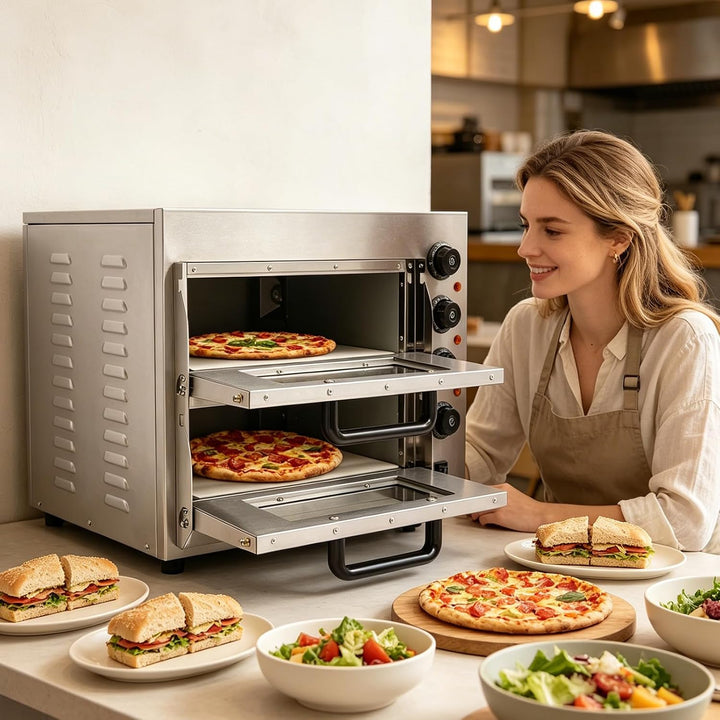 Doppelstock Pizzaofen aus Edelstahl, 3000W Pizzaofen, Elektrisch Pizzabackofen, Mehrzweck-Pizzamaker