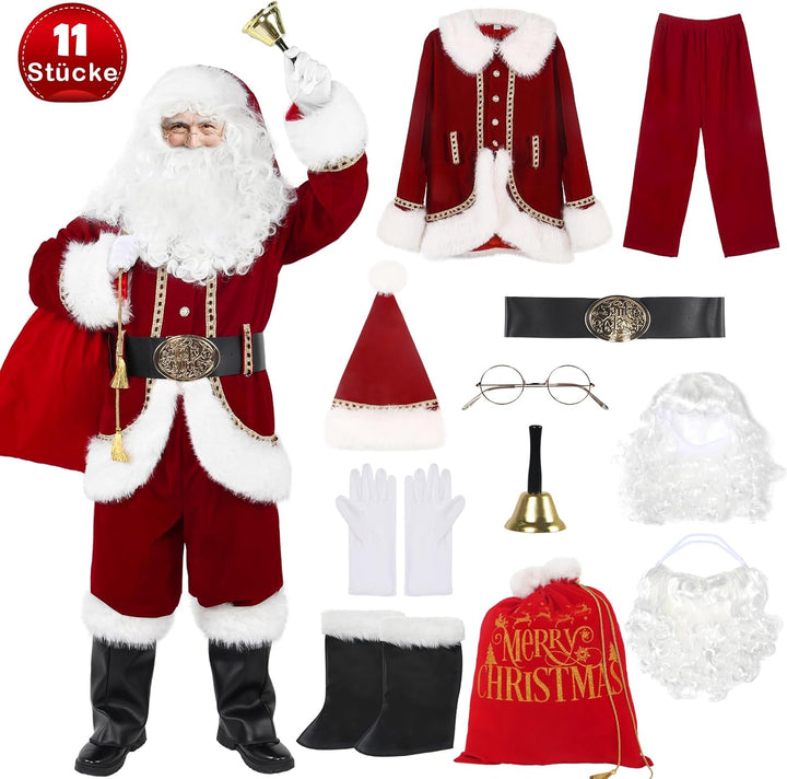 Boveco Weihnachtsmänner Kostümset für Erwachsene 11-teilig Deluxe Weihnachtsmann Kostüm Anzug Samt f