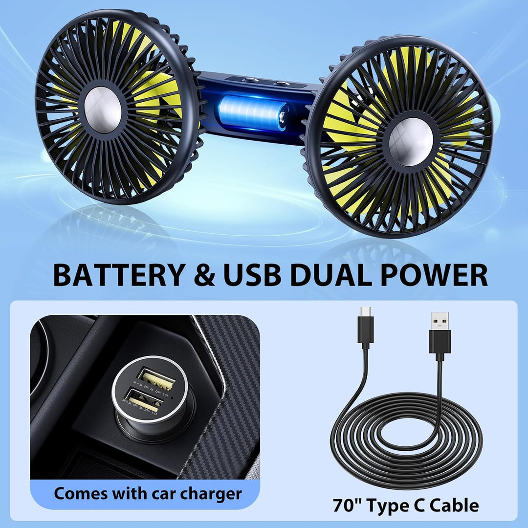 Akku Ventilator für Auto Rücksitz mit Einziehbarem Langem Arm, [Geschenk-Kfz Ladegerät & USB-C Kabel