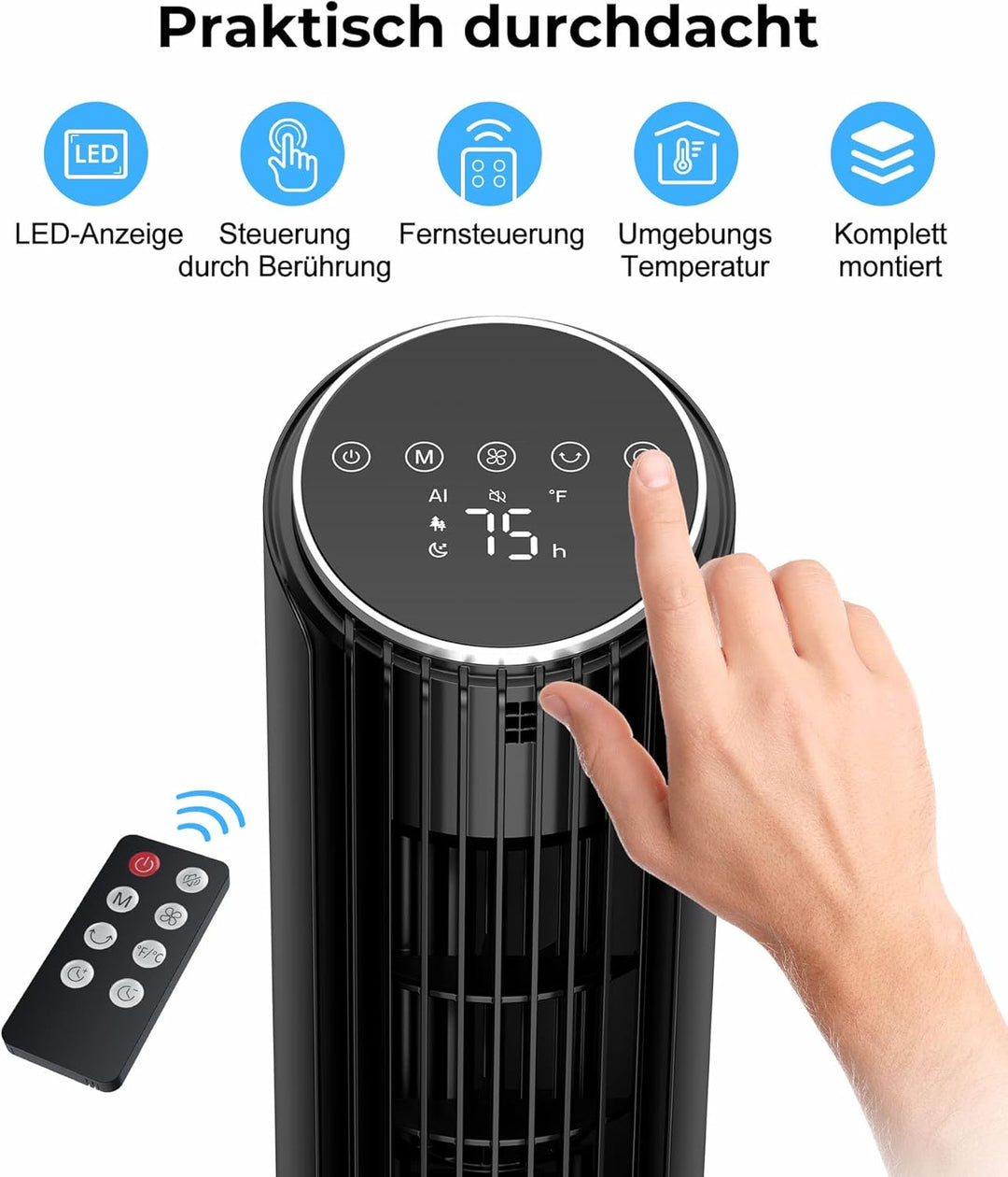 PNTCK Turmventilator mit Fernbedienung, 33cm ventilator leise mit 4 Modi,4 Geschwindigkeiten, 70°Osz
