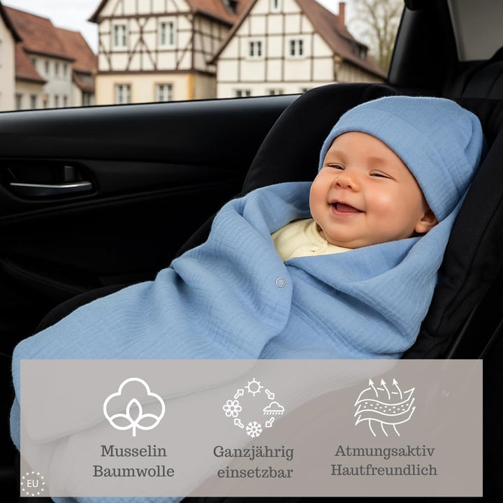 Babylux Musselin Einschlagdecke mit Kapuze – 90x90 cm – Sommer Babydecke für Autositz & Babyschale –