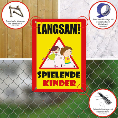 2 Stück XXL Langsam ! spielende KINDER Schild 30 x 40 cm aus stabiler PVC Hartschaumplatte 5mm mit U