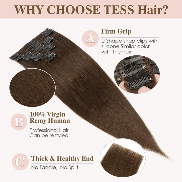 TESS Clip in Extensions Echthaar Haarteile Dunkelbraun #2 Remy Haar Extensions guenstig Haarverlänge
