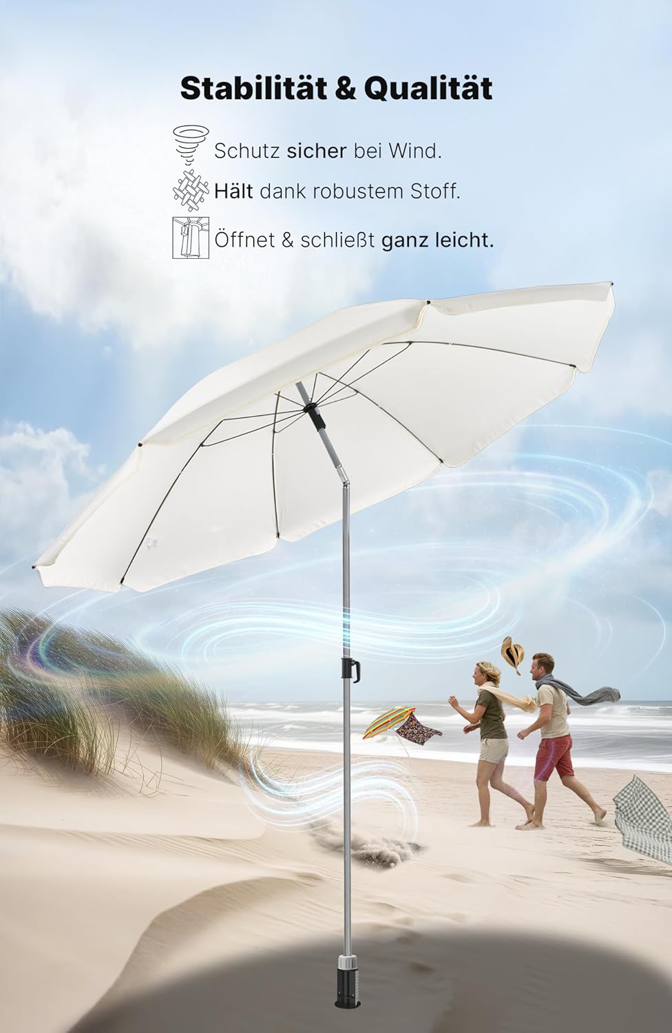 4smile Sonnenschirm Strand SunnyJoy, Beige - UPF 50+ Strandschirm Ø 180 cm, sicherer Sonnenschutz St