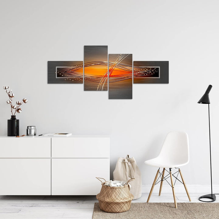 Runa Art Wandbilder Set XXL Abstrakt Wohnzimmer Schlafzimmer Grau Orange Schwarz 4 Teilig - Made in