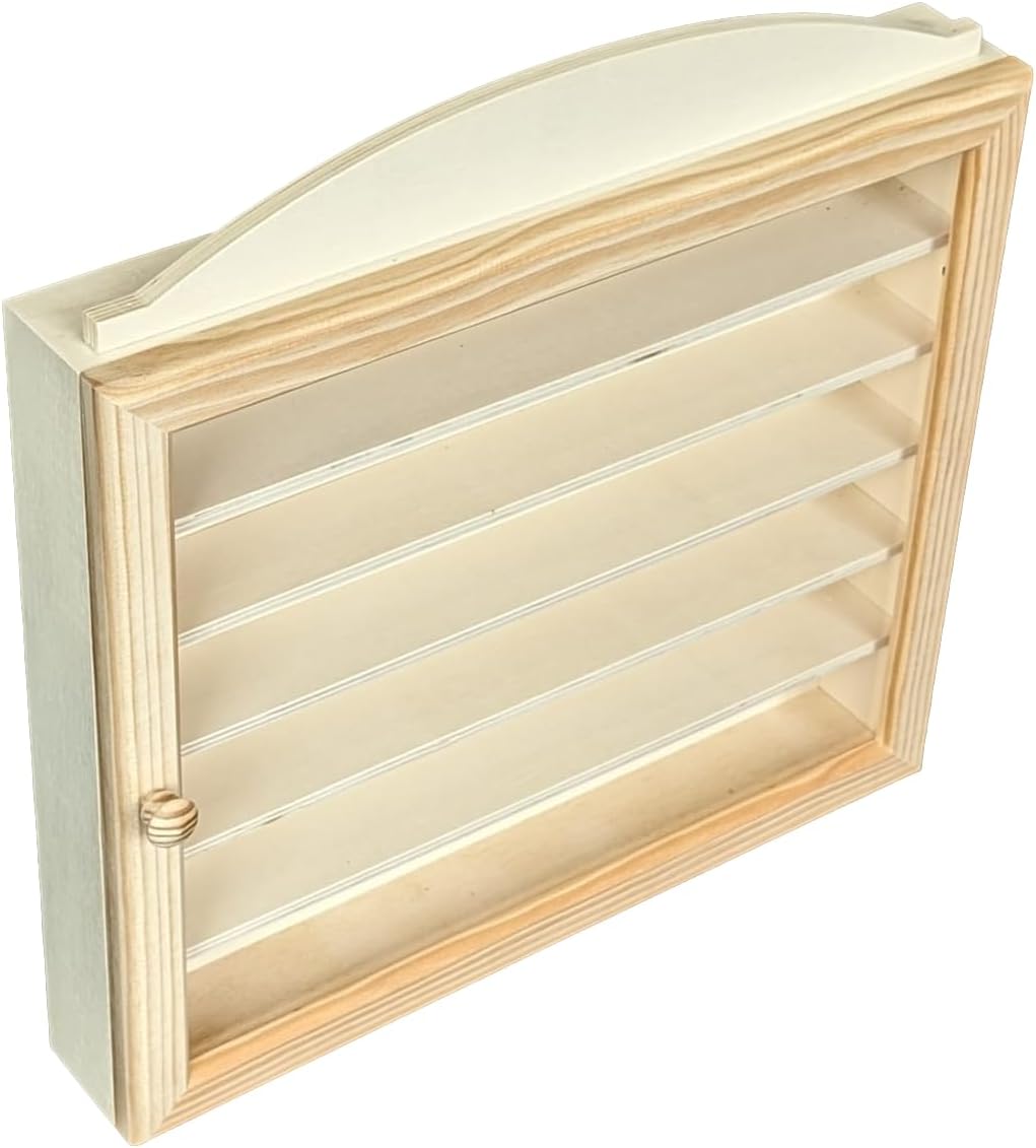 Vitrine hölzerne. Naturholz, zum Bemalen. Masse (Breite/Boden/Höhe): 40 * 6,5 * 40 cm.
