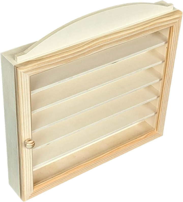 Vitrine hölzerne. Naturholz, zum Bemalen. Masse (Breite/Boden/Höhe): 40 * 6,5 * 40 cm.
