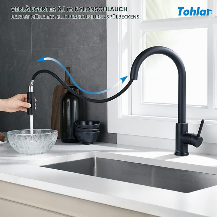 Tohlar Wasserhahn Küche Schwarz, Edelstahl Küchenarmatur, 360° Schwenkbar Spültischarmatur mit Braus