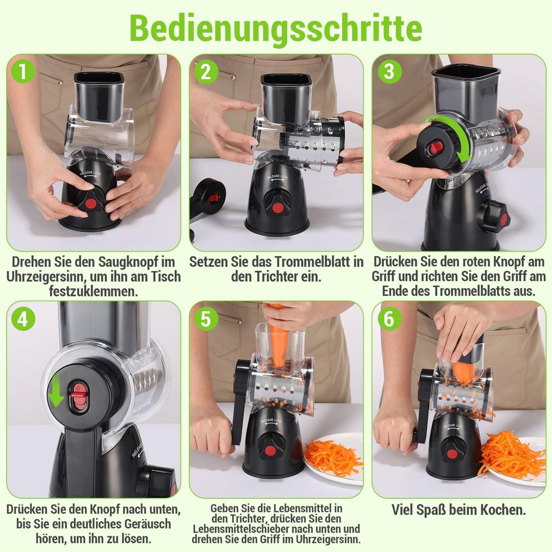Käsereibe mit Kurbel, Mandoline Gemüsehobel mit 3 Edelstahl Austauschbaren Trommelblättern, Gemüsere