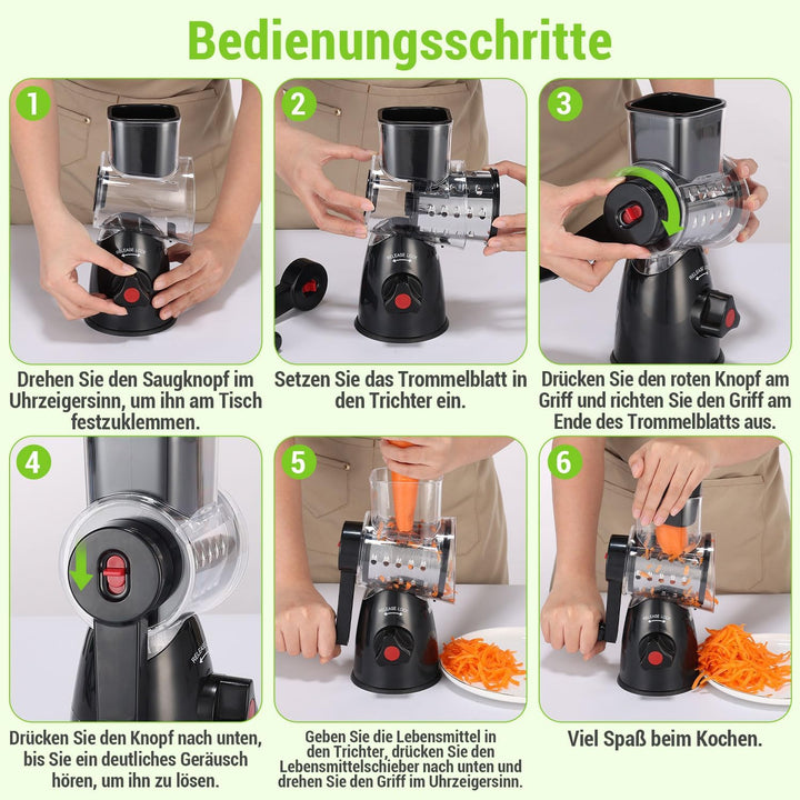 Käsereibe mit Kurbel, Mandoline Gemüsehobel mit 3 Edelstahl Austauschbaren Trommelblättern, Gemüsere
