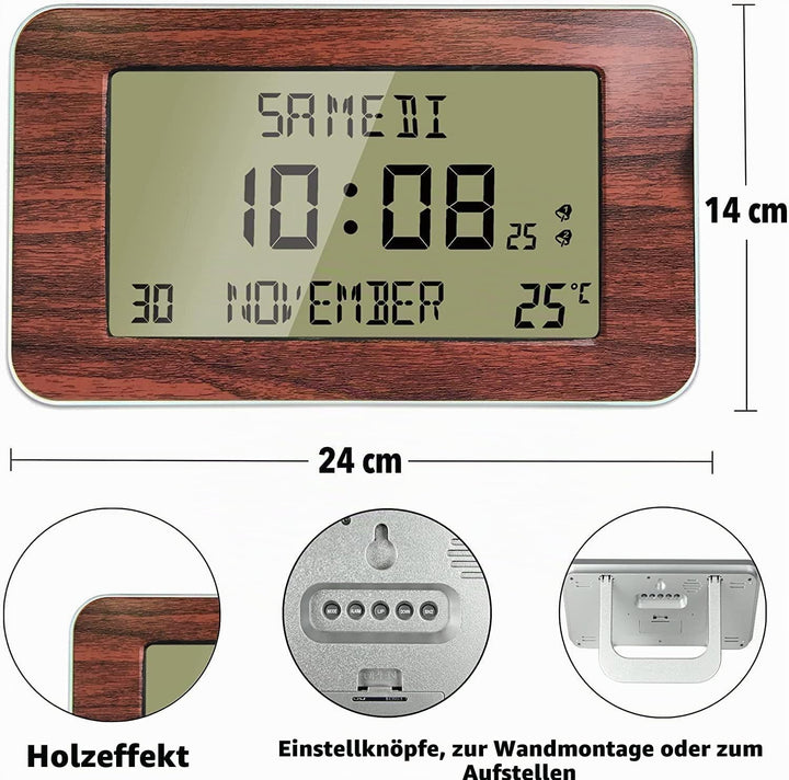 FISHTEC Funkuhr Wecker - Kalender mit Datum Tag und Uhrzeit - Grosse Anzeige - 2 Alarme - Temperatur