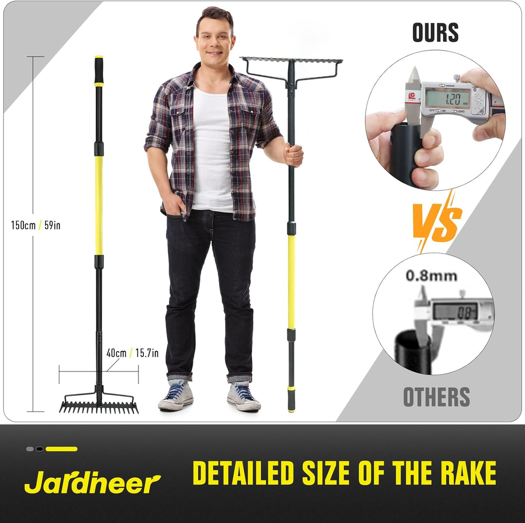 Jardineer Garten Rechen, 150cm Langstiel Metall Rechen, Harke Garten Mit Stiel für Kies, Felsen, Ras