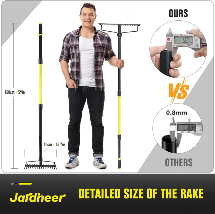 Jardineer Garten Rechen, 150cm Langstiel Metall Rechen, Harke Garten Mit Stiel für Kies, Felsen, Ras