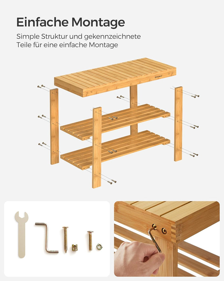 SONGMICS Schuhregal, Schuhschrank mit Sitzbank, Bambus Schuhbank mit 3 Ablagen, 70 x 28 x 45 cm idea