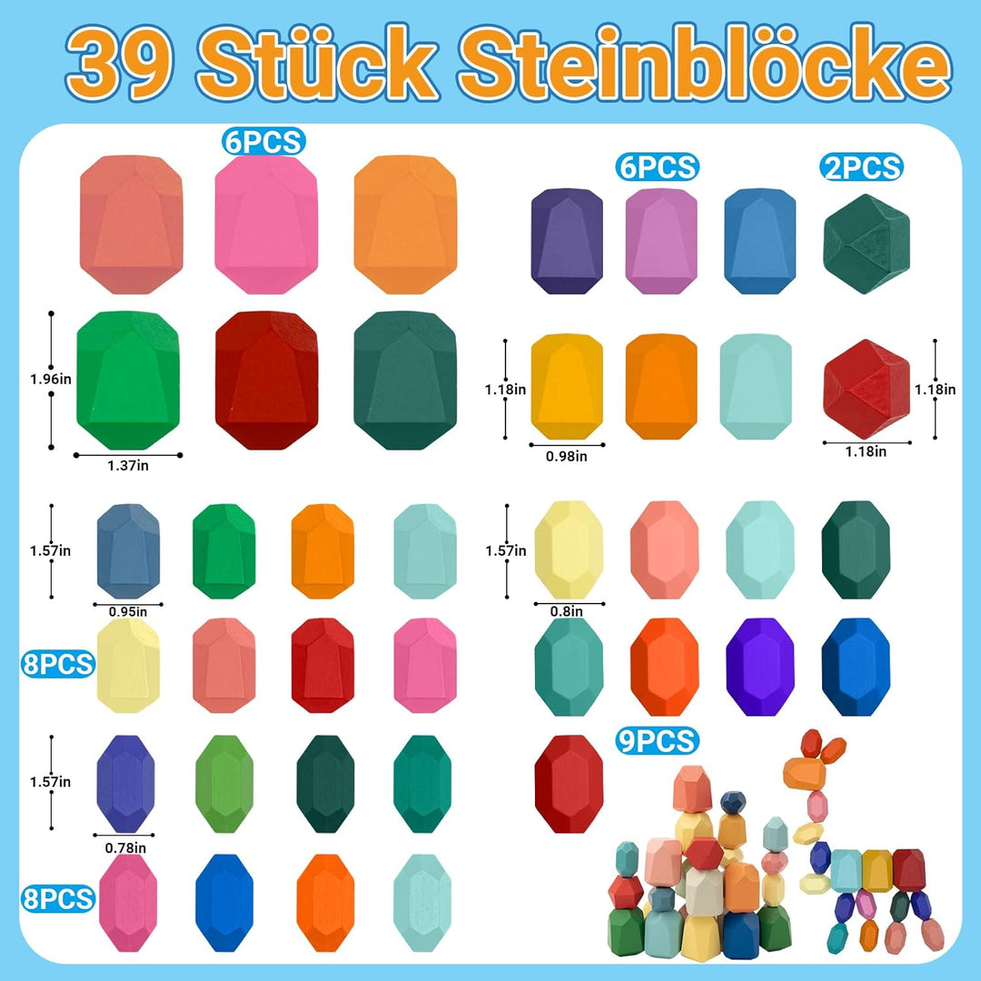 RunHero 39 Stück Stapelsteine Balanciersteine Montessori Holz Bauklötze Spielzeug für Kinder Stapelt