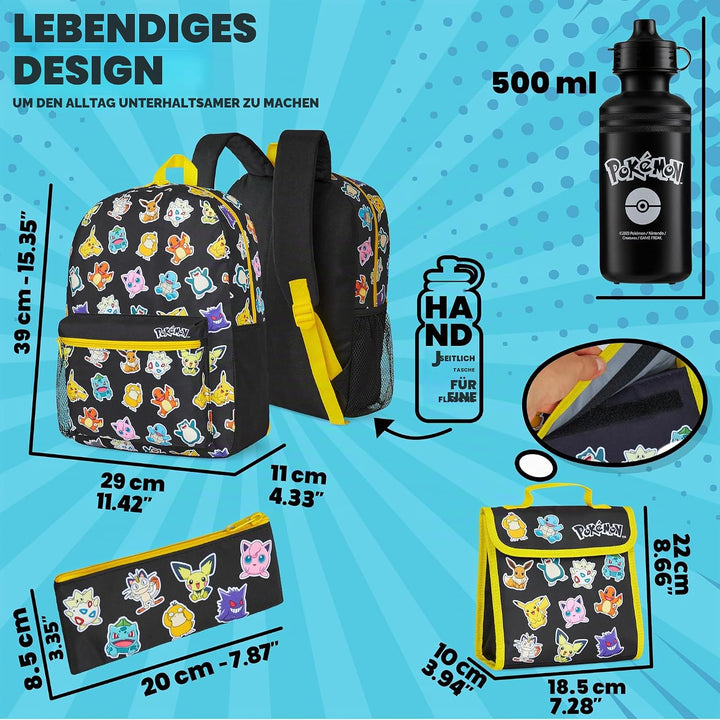 Pokemon Rucksack Kinder 4er Set Schulranzen Lunchbox Federmäppchen Wasserflasche 500ml Kinderrucksac