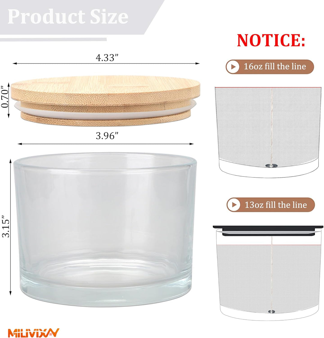 MILIVIXAY 6 x 473 ml Kerzengläser mit Bambusdeckel und Kerzenherstellungs-Kits – 3 Docht-Kerzenglas,