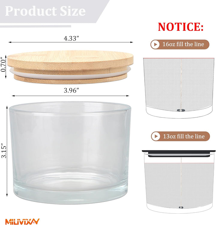 MILIVIXAY 6 x 473 ml Kerzengläser mit Bambusdeckel und Kerzenherstellungs-Kits – 3 Docht-Kerzenglas,