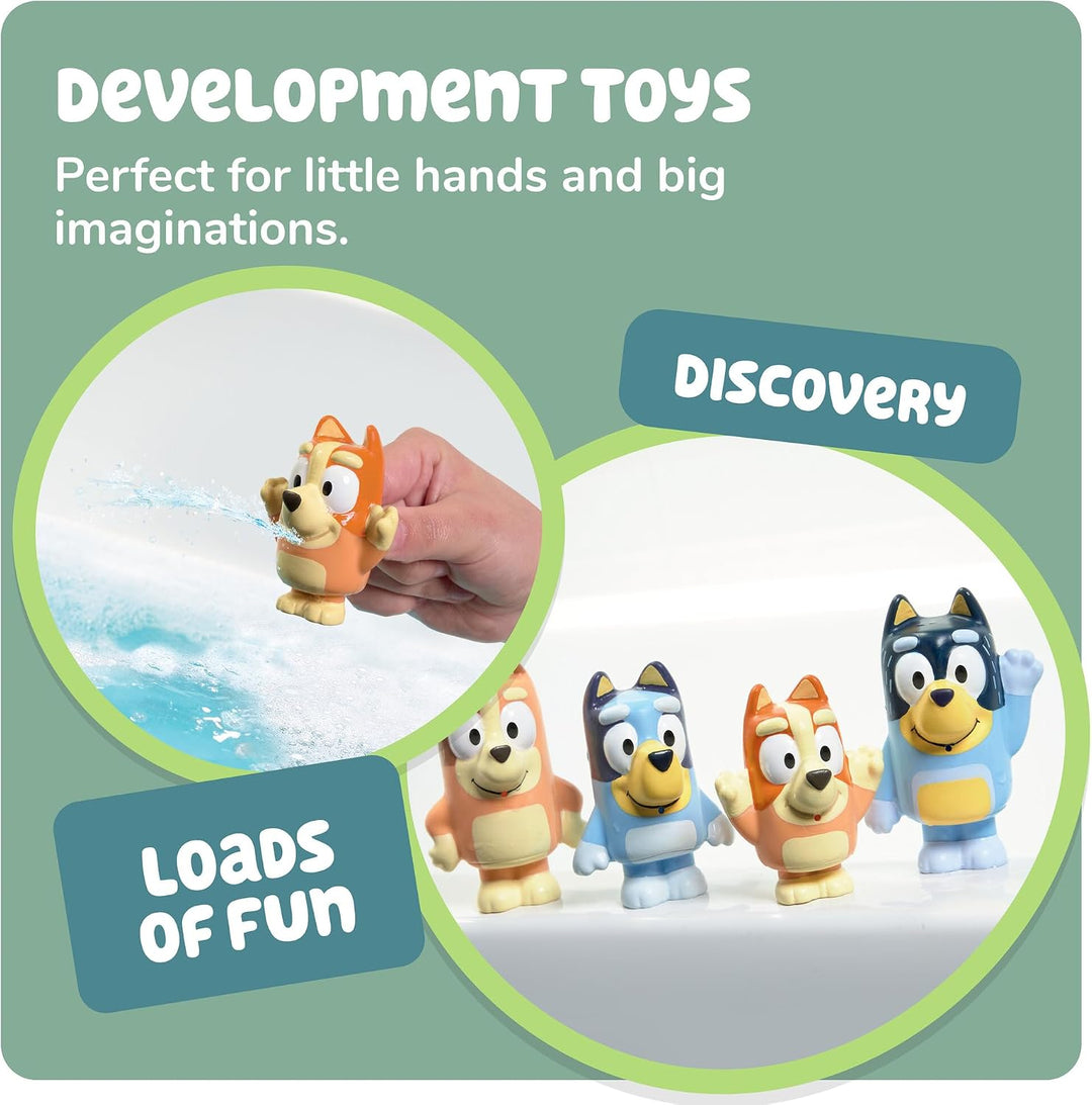 Toomies Bluey Squirter 4er Pack Badespielzeug Set mit Bluey, Bingo, Mama und Papa, Wasserspritzspass