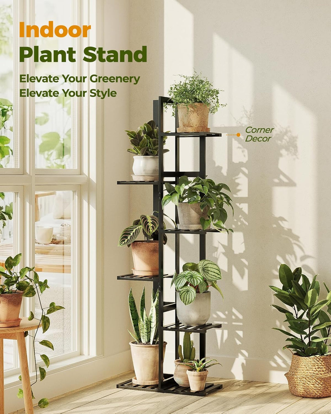 Bamworld Pflanzenregal 6 Ebenen Blumenständer Innen Schwarz aus Bambus, Grosses Blumentopf Ständer E