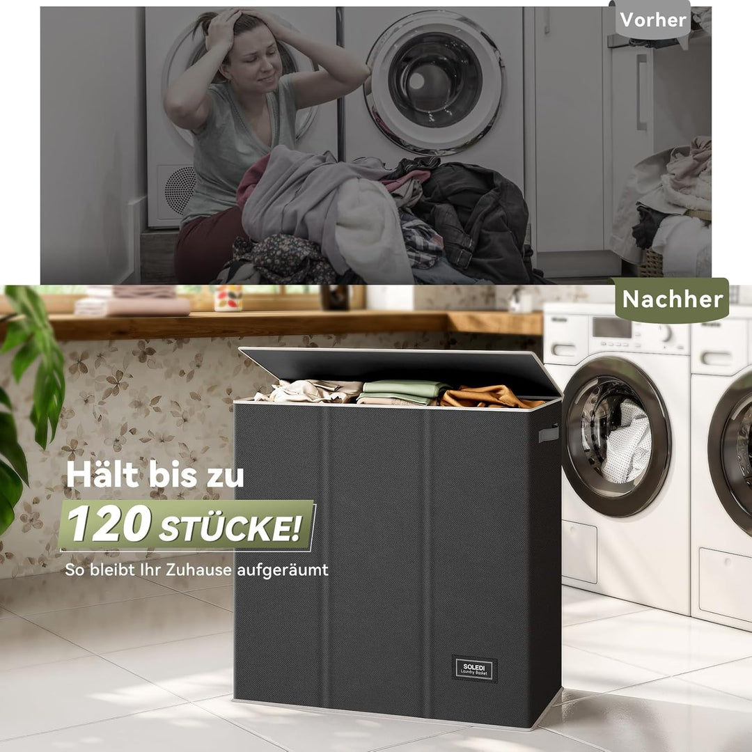 SOLEDI 160L Wäschekorb, Wäschesammler 3 fächer mit Deckel und 3 Wäschesack - Wäschesortierer Gross X