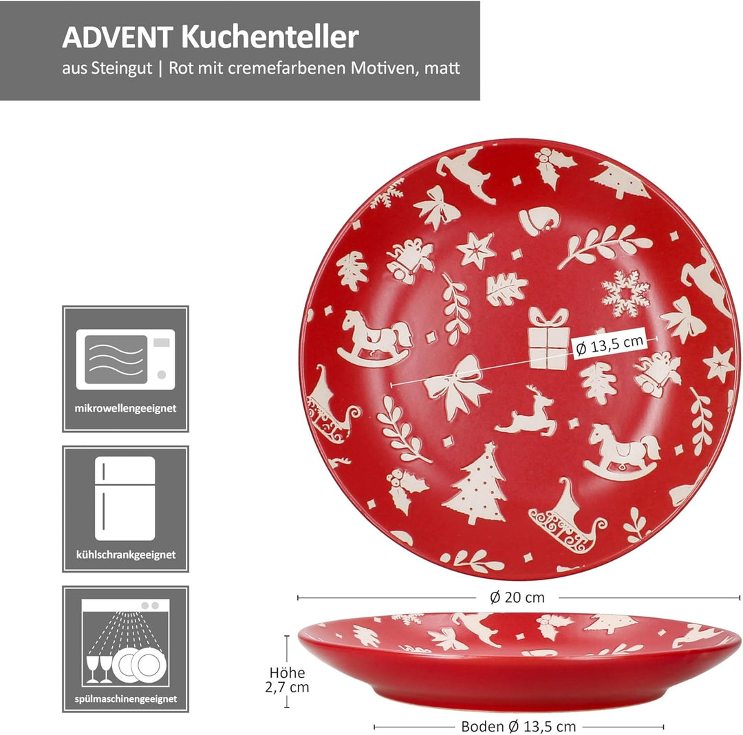 MamboCat 6er Set Advent Dessertteller I Ø20cm I Kuchenteller aus Steingut in Rot mit Weihnachtsmotiv