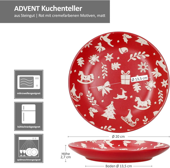 MamboCat 6er Set Advent Dessertteller I Ø20cm I Kuchenteller aus Steingut in Rot mit Weihnachtsmotiv