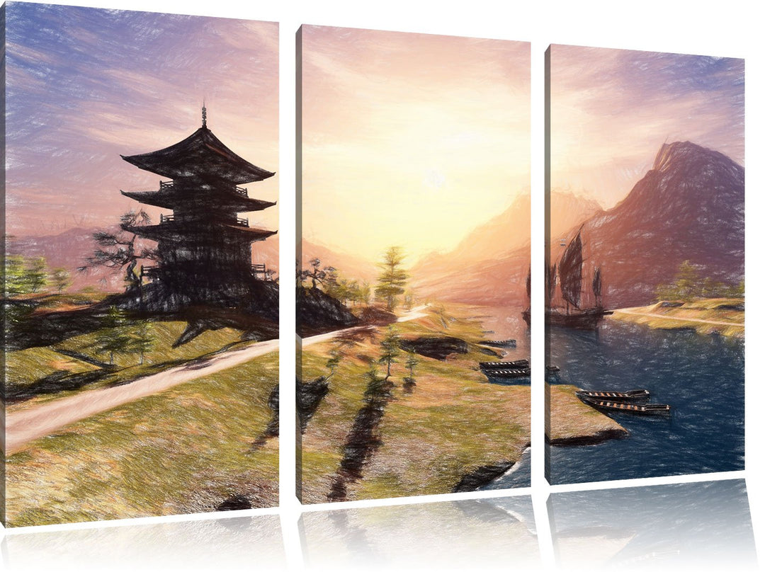 Pixxprint beeindruckender asiatischer Tempel an Fluss Kunst Buntstift Effekt 3-Teiler Leinwandbild 1