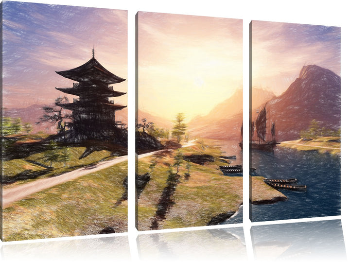 Pixxprint beeindruckender asiatischer Tempel an Fluss Kunst Buntstift Effekt 3-Teiler Leinwandbild 1