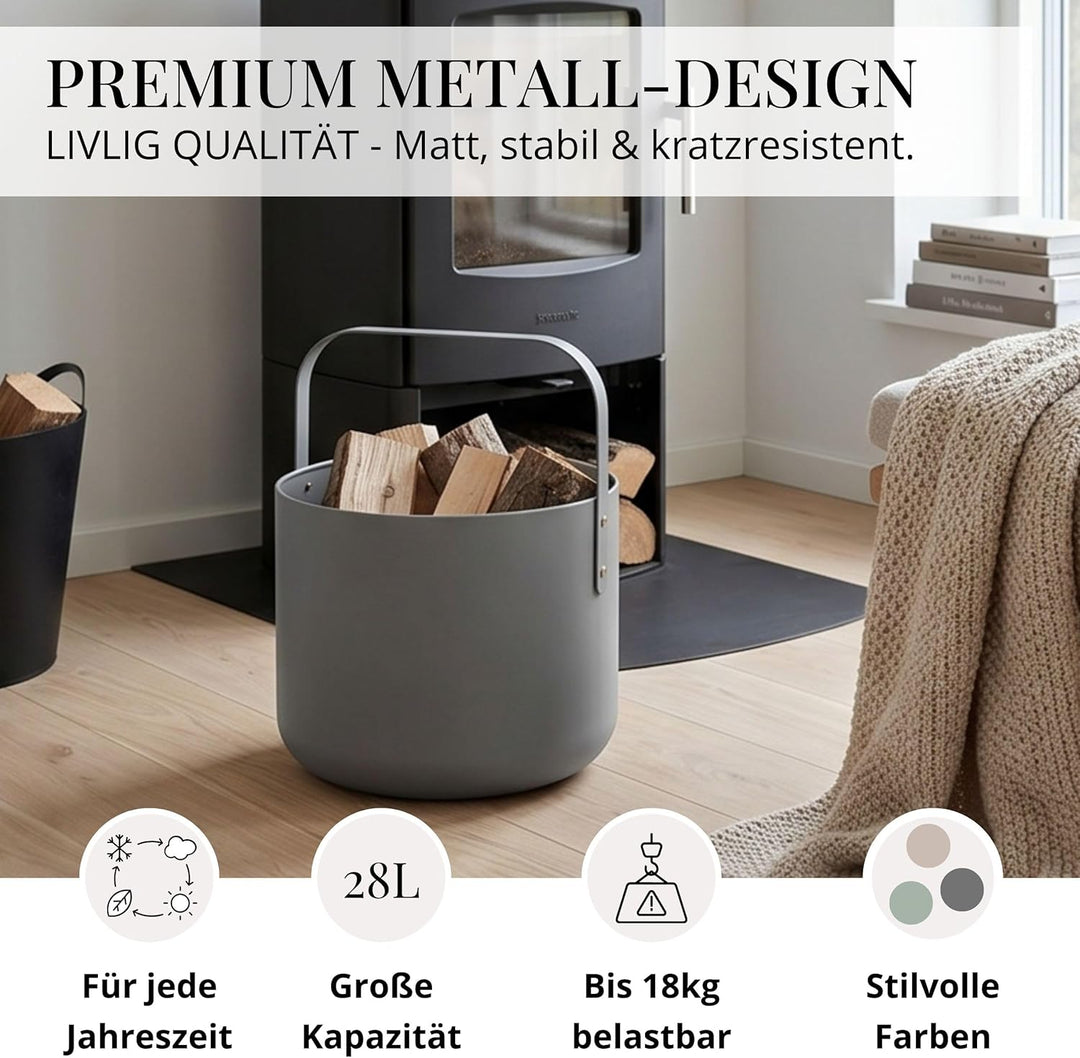 LIVLIG Design Kaminholzkorb Metall, Holzkorb für Kaminholz mit Henkel, Grosser Korb für Kaminholz 36