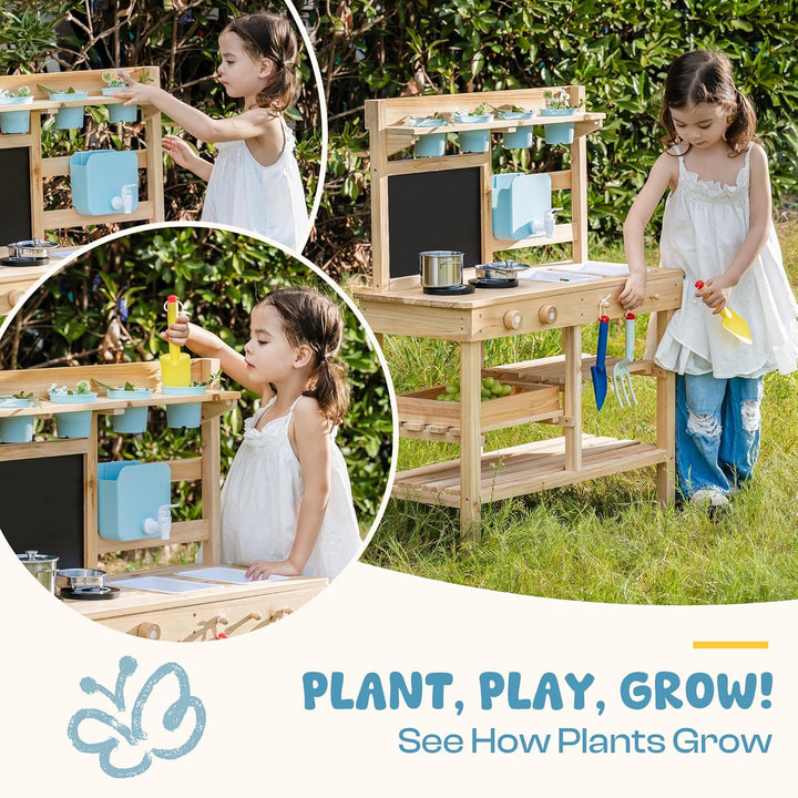 ROBUD Holz-Schmutzküche für Kinder, Spielküche für draussen mit echtem Wasserhahn, Abnehmbarer Spüle