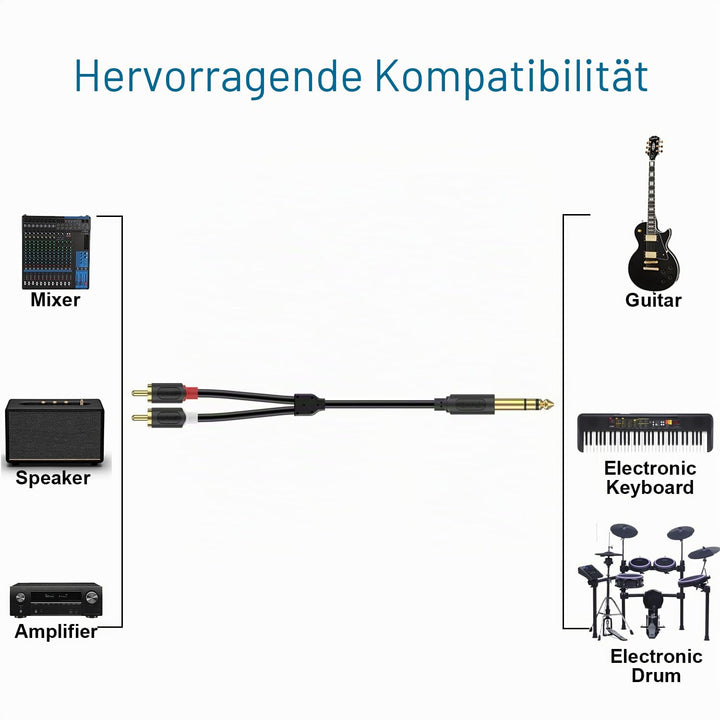 J&D 6,3mm Klinke auf Cinch Kabel, Gold-Plated [AudioWave-Serie] 6,3 mm Stereo Klinke auf 2 x RCA Män
