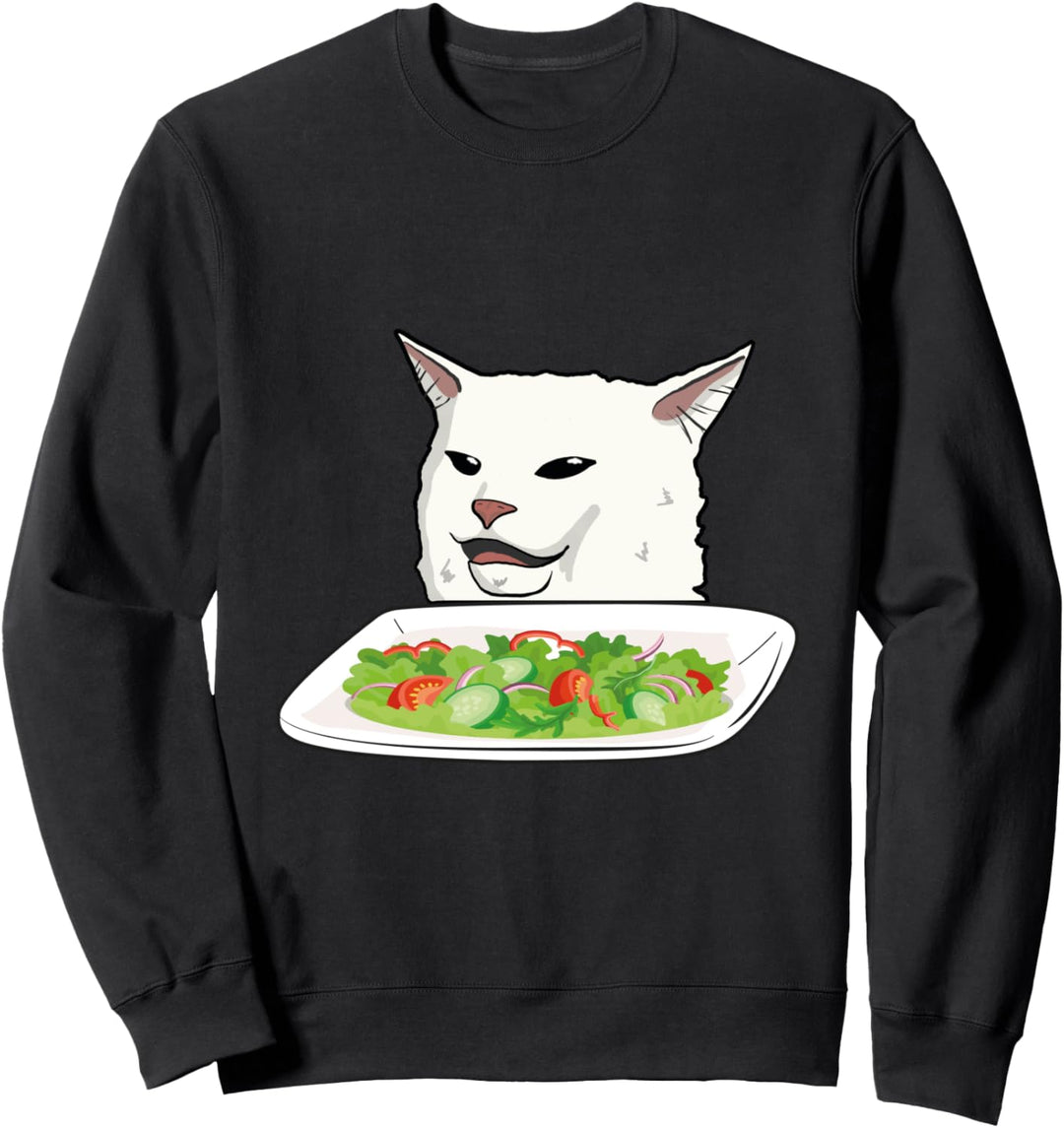 Angry women yelling at confused cat at dinner table meme Sweatshirt