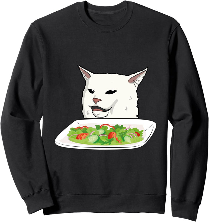 Angry women yelling at confused cat at dinner table meme Sweatshirt